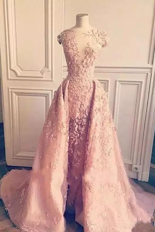 Ball Gown Mermaid Pink Lace Appliques Tulle Cap Sleeve Backless Prom Dresses RS761