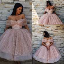 Load image into Gallery viewer, Ball Gown Off the Shoulder Homecoming Dress Pink Tea Length Prom Dresses RS739