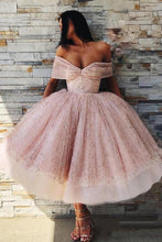 Load image into Gallery viewer, Ball Gown Off the Shoulder Homecoming Dress Pink Tea Length Prom Dresses RS739
