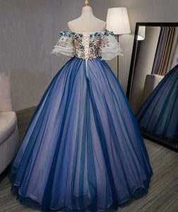 Ball Gown Off the Shoulder Short Sleeve Lace up Sweetheart Prom Dresses with Appliques RS991