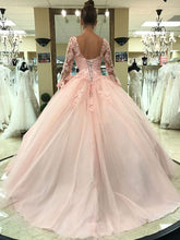 Load image into Gallery viewer, Ball Gown Pink V Neck Long Sleeve Appliques Prom Dresses with Lace up Quinceanera Dresses H1136