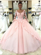Load image into Gallery viewer, Ball Gown Pink V Neck Long Sleeve Appliques Prom Dresses with Lace up Quinceanera Dresses H1136