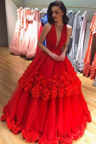 Ball Gown Red Deep V Neck Tulle Prom Dresses Long Appliques Quinceanera Dresses RS714
