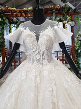 Load image into Gallery viewer, Ball Gown Round Neck Ivory Beads Open Back Wedding Dresses Quinceanera Dresses W1056