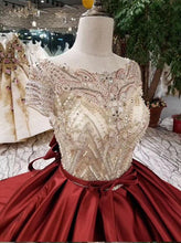 Load image into Gallery viewer, Ball Gown Scoop Burgundy Prom Dresses Short Sleeves Beads Lace up Quinceanera Dresses P1062