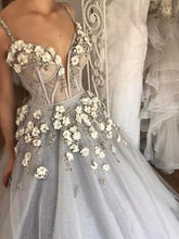 Load image into Gallery viewer, Ball Gown Spaghetti Straps V Neck Silver 3D Floral Beads Prom Dresses Dance Dresses RS717