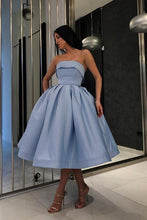 Load image into Gallery viewer, Ball Gown Strapless Satin Blue Short Prom Dresses Tea Length Sleeveless Homecoming Dresses H1132