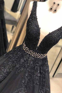 Ball Gown Straps Black V Neck Lace Appliques Prom Dresses Beads V Back Dance Dress RS709
