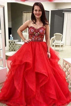 Load image into Gallery viewer, Ball Gown Sweetheart Strapless Embroidery Red Prom Dresses Long Party Dresses RS364