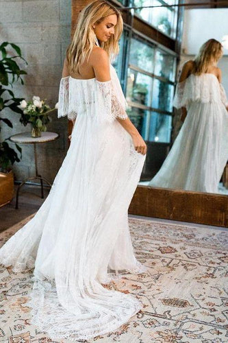 Beach Wedding Dresses Half Sleeve Off the Shoulder Lace Sexy Simple Boho Bridal Gowns W1029