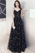 Load image into Gallery viewer, Beautiful Black Prom Dresses Spaghetti Straps V Neck Tulle Long Prom Gowns with Stars P1039