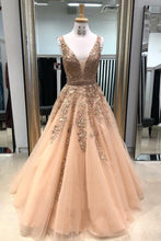 Load image into Gallery viewer, Beautiful Straps Aline Appliques Long Sparkly Beads V Neck Open Back Prom Dresses P1016