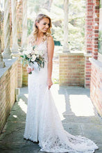 Load image into Gallery viewer, Beauty V Neck Long Lace Beach Wedding Dresses Ivory Mermaid Backless Bridal Dress W1008