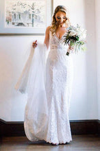 Load image into Gallery viewer, Beauty V Neck Long Lace Beach Wedding Dresses Ivory Mermaid Backless Bridal Dress W1008