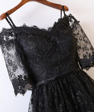 Load image into Gallery viewer, Black Short Sleeve High Low Homecoming Dresses Lace Appliques Sweetheart Prom Dress H1082