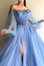 Load image into Gallery viewer, Blue Long Sleeve Tulle Prom Dresses with High Split Beaded Crystal Evening Dresses RS740