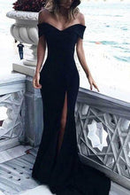 Load image into Gallery viewer, Blue Mermaid Off the Shoulder Prom Dresses with Split Satin Sweetheart Party Dress RS652