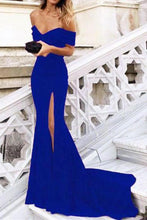 Load image into Gallery viewer, Blue Mermaid Off the Shoulder Prom Dresses with Split Satin Sweetheart Party Dress RS652