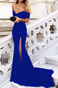 Blue Mermaid Off the Shoulder Prom Dresses with Split Satin Sweetheart Party Dress RS652