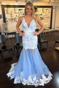 Blue Mermaid Prom Dresses Spaghetti Straps Lace Party Dresses