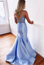 Load image into Gallery viewer, Blue Mermaid Two Piece Satin Lace up Long Prom Dresses V Neck Party Dresses RS638