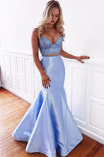 Load image into Gallery viewer, Blue Mermaid Two Piece Satin Lace up Long Prom Dresses V Neck Party Dresses RS638