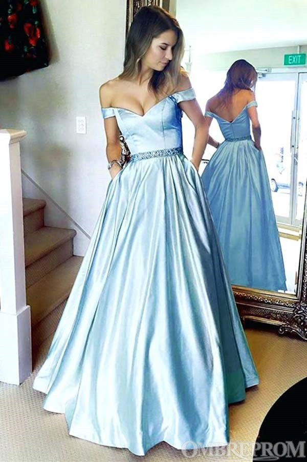Blue Prom Dresses Off Shoulder Satin V Neck Party Dresses