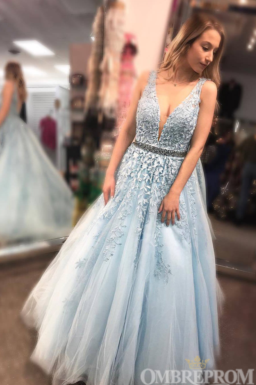 Sky Blue Prom Dresses V Neck A Line Lace Appliques Formal Gown with Beading