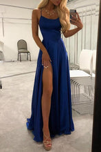 Load image into Gallery viewer, Blue Satin Scoop Long Prom Dresses High Slit Sleeveless Criss Cross Evening Dresses RS666