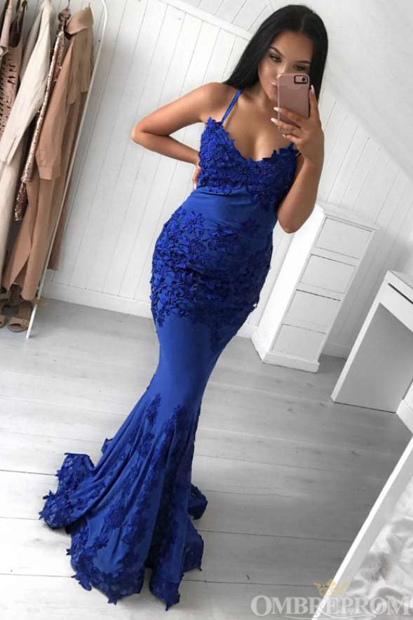 Blue Spaghetti Straps V Neck Sleeveless Mermaid Prom Dresses