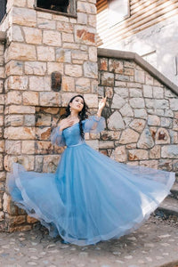 Blue Tulle Long Sleeve Sweetheart Prom Dresses Off the Shoulder Party Dresses RS470