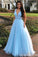 Blue V Neck A Line Sleeveless Prom Dresses
