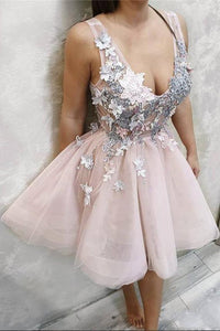 Blush Pink Deep V Neck Appliques Short Prom Dresses Above Knee Homecoming Dress RS954