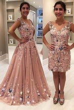 Load image into Gallery viewer, Blush Pink Tulle Beading Lace Appliques Prom Dresses Long Cheap Evening Dresses RS609