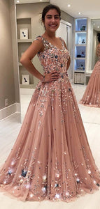 Blush Pink Tulle Beading Lace Appliques Prom Dresses Long Cheap Evening Dresses RS609