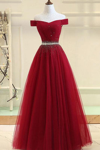 Burgundy A line Off the shoulder Sweetheart Prom Dresses Beads Evening Dresses RS586