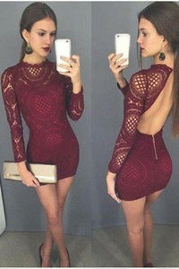 Burgundy Long Sleeve High Neck Backless Sheath Lace Homecoming Dresses Cocktail Dress RS870