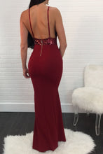 Load image into Gallery viewer, Burgundy Mermaid V Neck Satin Prom Dresses Sequin Spaghetti Straps Formal Dress RS356