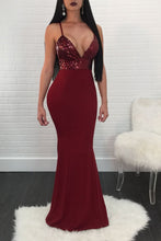 Load image into Gallery viewer, Burgundy Mermaid V Neck Satin Prom Dresses Sequin Spaghetti Straps Formal Dress RS356