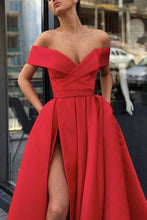 Load image into Gallery viewer, Burgundy Off the Shoulder High Split Satin Prom Dresses Long Cheap Evening Dresses RS647