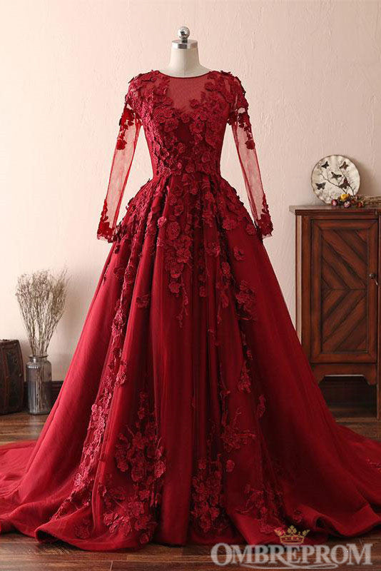 USAWEDDING Modest Elegant Burgundy Scoop Neck Long Sleeves Ball Gown Prom Dresses With Appliques