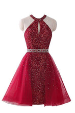 Load image into Gallery viewer, Burgundy Short Lace Beaded Halter Backless Evening Prom Dresses Homecoming Dresses H1173