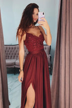 Load image into Gallery viewer, Burgundy Spaghetti Straps Sweetheart Satin Prom Dresses with Slit Beads RS591
