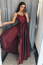 Load image into Gallery viewer, Burgundy Spaghetti Straps Sweetheart Satin Prom Dresses with Slit Beads RS591