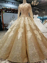 Load image into Gallery viewer, Ball Gown Gold Long Sleeves Lace Appliques Sequins Open Back Beads Quinceanera Dresses RS894