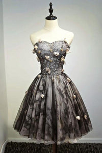 A Line Black Sweetheart Strapless with Flowers Tulle Short School Dress Homecoming Dress RS886