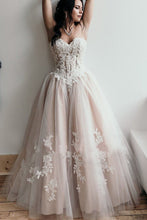 Load image into Gallery viewer, A Line Sweetheart Lace Appliques Strapless Long Prom Dresses Sexy Evening Dresses RS292