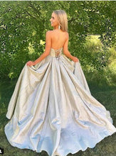 Load image into Gallery viewer, Princess A Line Strapless Sweetheart Lace up Satin Sleeveless Long Prom Dresses RS901
