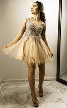 Load image into Gallery viewer, A Line Gold Lace Embroidery Organza Ruffles Off Shoulder Beads Homecoming Dresses RS761
