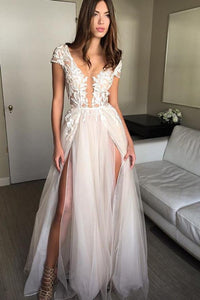 Cap Sleeve Deep V Neck Prom Dress with Appliques Backless Split Wedding Dresses RS634